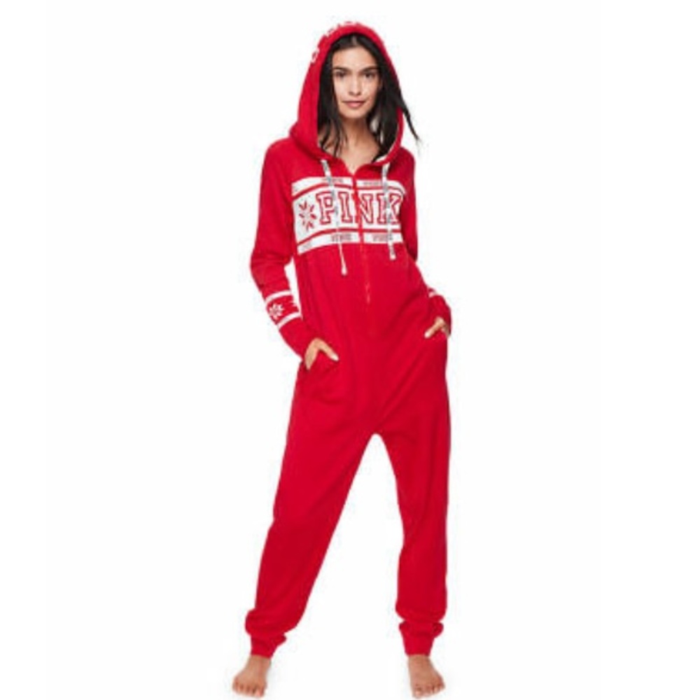 PINK Victoria's Secret Red Hooded Onesie Pajama